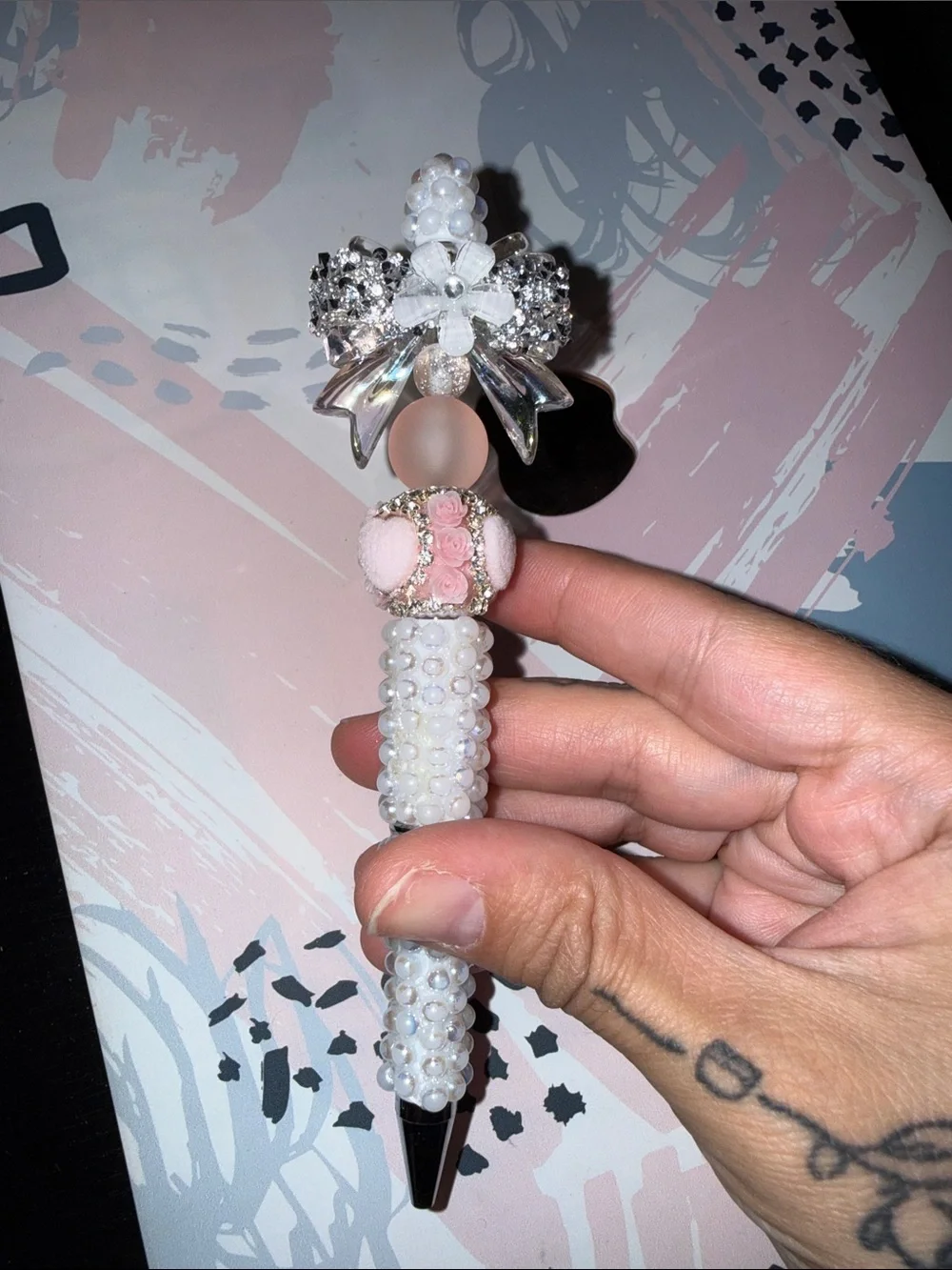 Decorative Pearl & Pink Bow Ballpoint Pen - Elegant Home Office Accessory